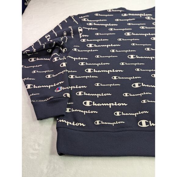 Champion Navy All-Over Script Logo Crewneck Sweatshirt Size 2XL - Picture 9 of 12